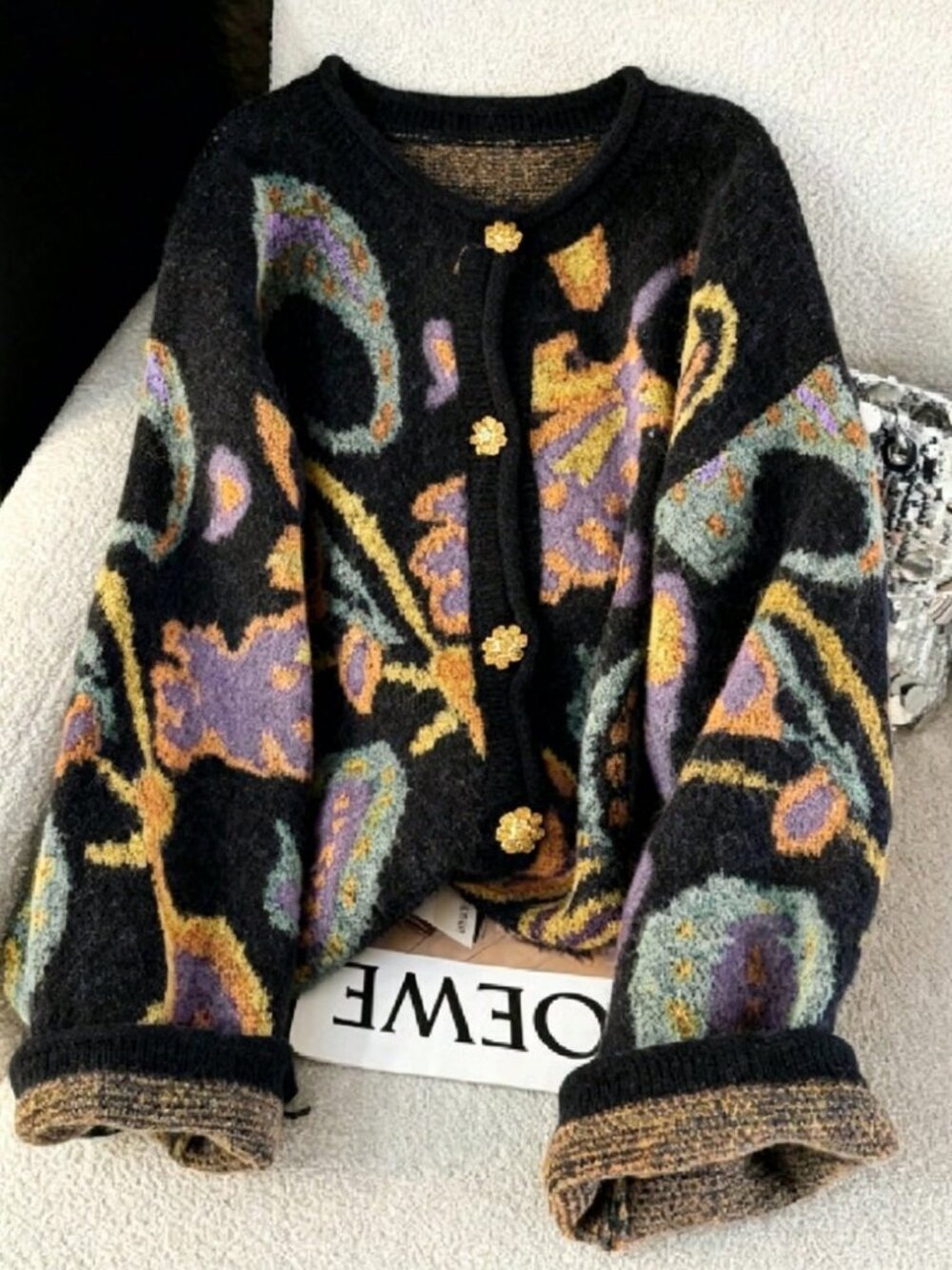 Black Casual Women's Plus Size Multi-Color Button Round Neck Knitted Cardigan